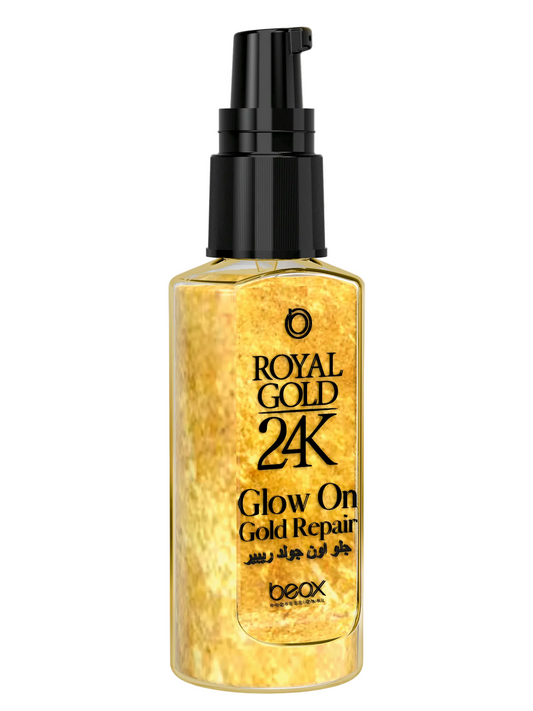 Royal Gold 24K Glow On by Beox professional Hair Oil, Finisher for Hair Treatment, highlighted packaging
