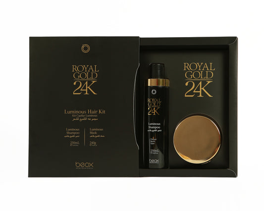 Royal Gold 24K Luminous Kit by Beox professional Shampoo, Hair Mask for Nutrition, Hydration, highlighted packaging