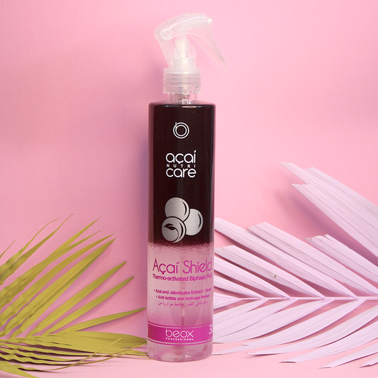 Açai Shield Thermo-activated Biphasic Fluid by Beox professional Leave-in, Finisher for Heat Protection, highlighted packaging
