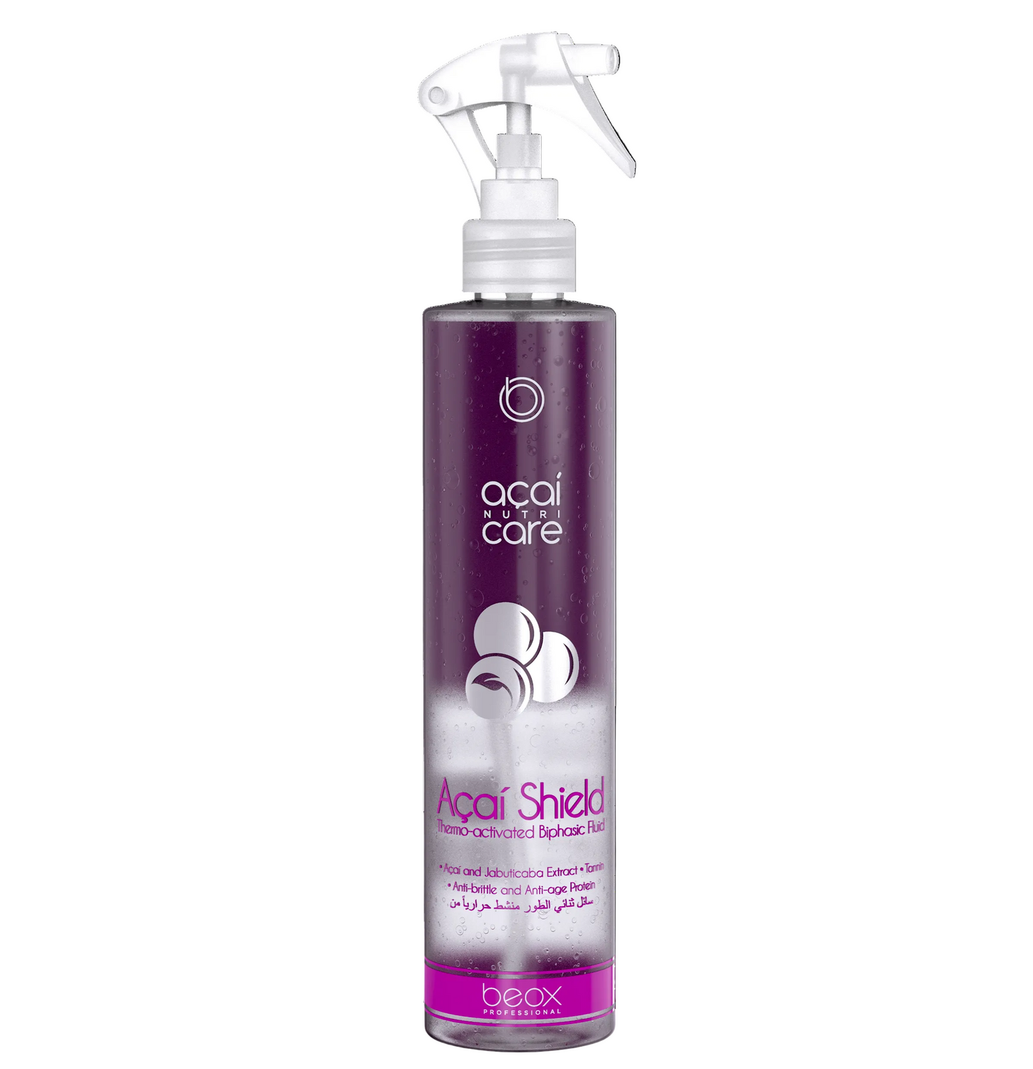 Açai Shield Thermo-activated Biphasic Fluid by Beox professional Leave-in, Finisher for Heat Protection, highlighted packaging