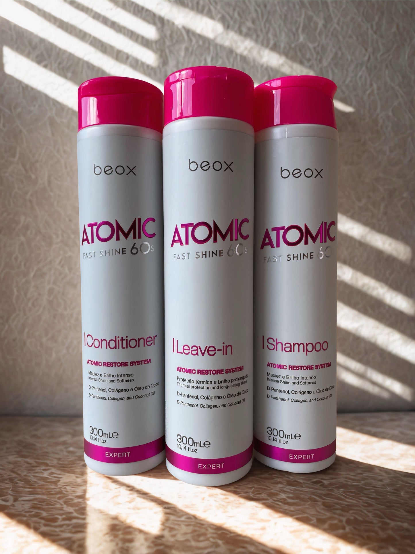 Atomic Home Care Kit by Beox professional Shampoo, Conditioner, Leave-in for Hydration, highlighted packaging