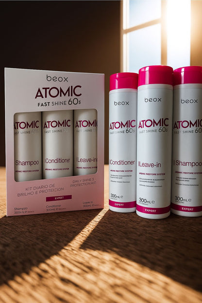 Atomic Home Care Kit by Beox professional Shampoo, Conditioner, Leave-in for Hydration, highlighted packaging
