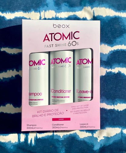 Atomic Home Care Kit by Beox professional Shampoo, Conditioner, Leave-in for Hydration, highlighted packaging