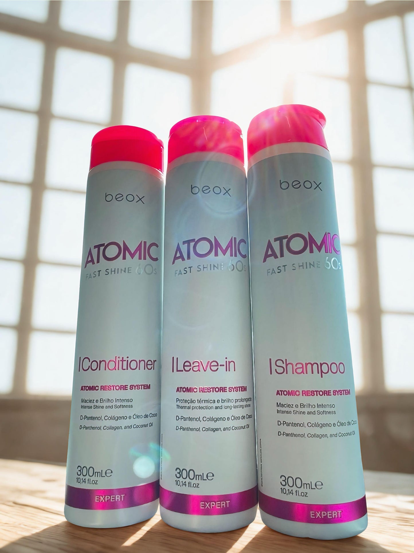 Atomic Home Care Kit by Beox professional Shampoo, Conditioner, Leave-in for Hydration, highlighted packaging