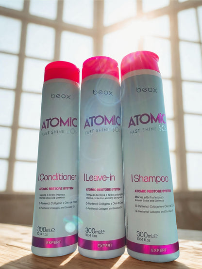 Atomic Home Care Kit by Beox professional Shampoo, Conditioner, Leave-in for Hydration, highlighted packaging