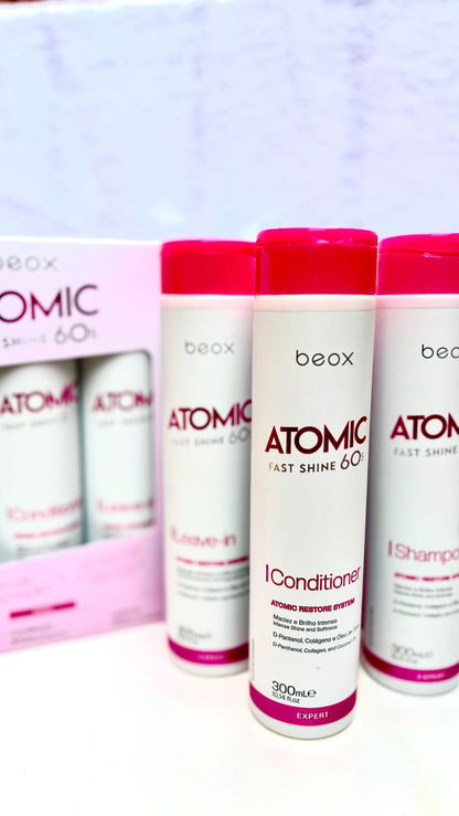 Atomic Home Care Kit by Beox professional Shampoo, Conditioner, Leave-in for Hydration, highlighted packaging