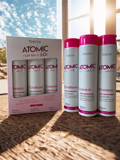 Atomic Home Care Kit by Beox professional Shampoo, Conditioner, Leave-in for Hydration, highlighted packaging