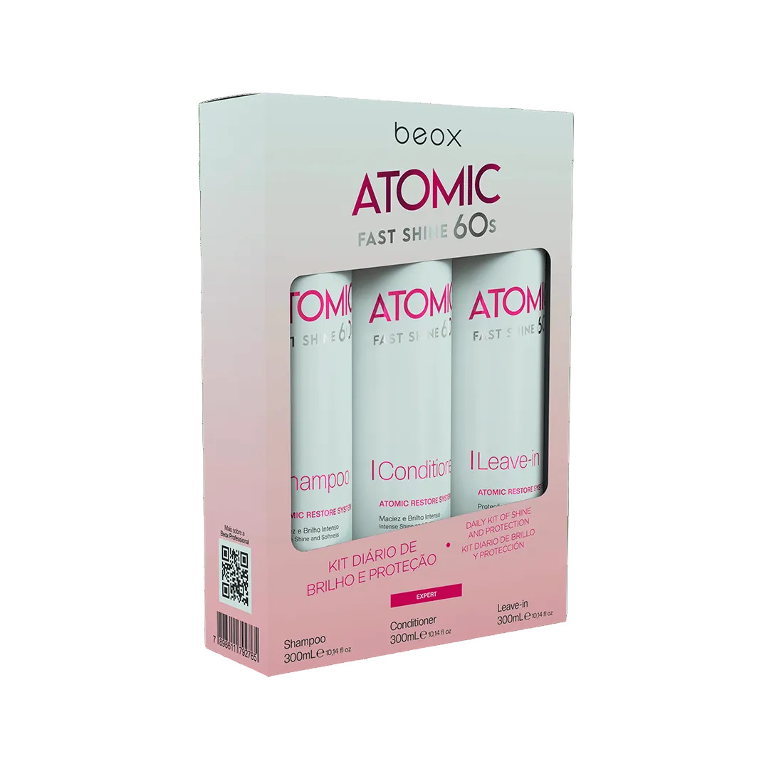 Atomic Home Care Kit by Beox professional Shampoo, Conditioner, Leave-in for Hydration, highlighted packaging
