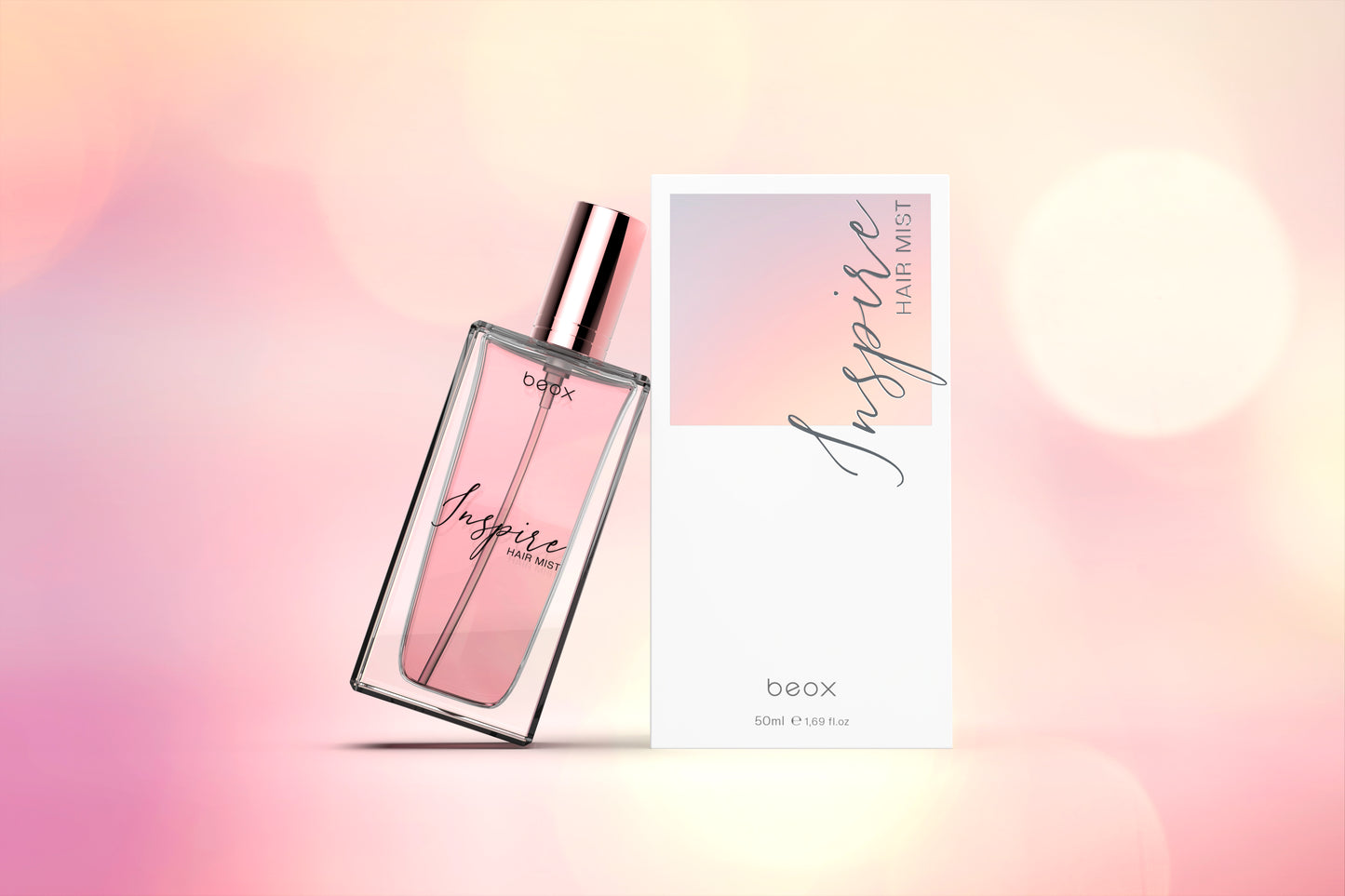Inspire Hair Mist by Beox professional Hair Perfume, Finisher for Final Treatment, highlighted packaging
