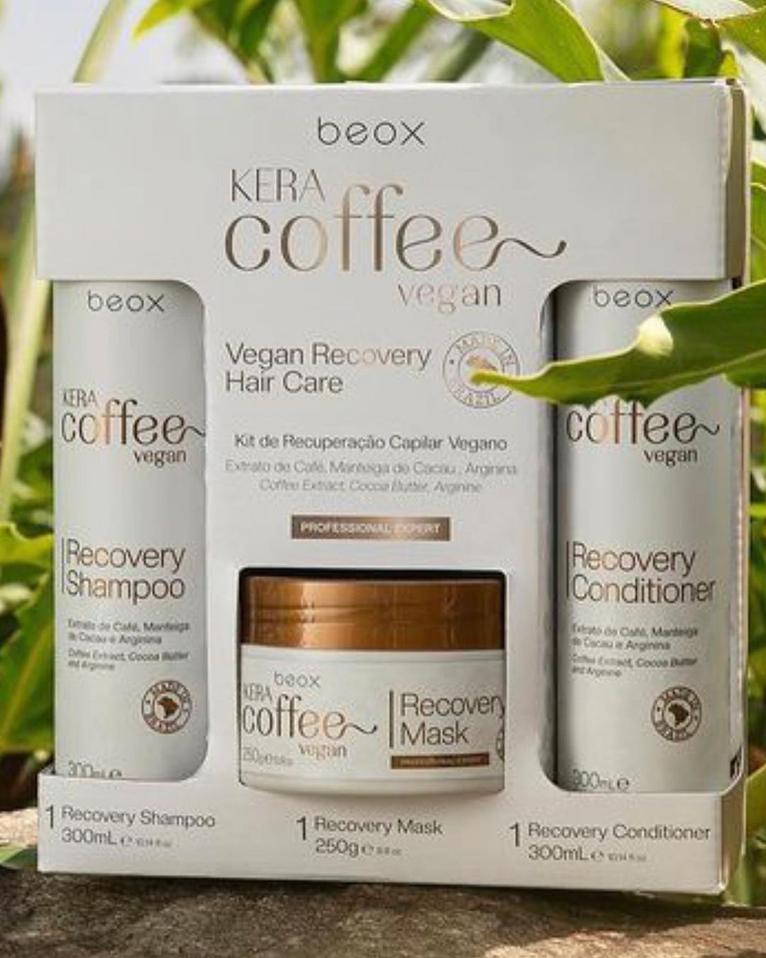 KeraCoffee Daily Care Kit by Beox professional Shampoo, Conditioner, Hair Mask for Nutrition, Hydration, highlighted packaging