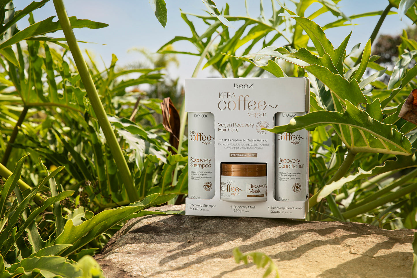 KeraCoffee Daily Care Kit by Beox professional Shampoo, Conditioner, Hair Mask for Nutrition, Hydration, highlighted packaging