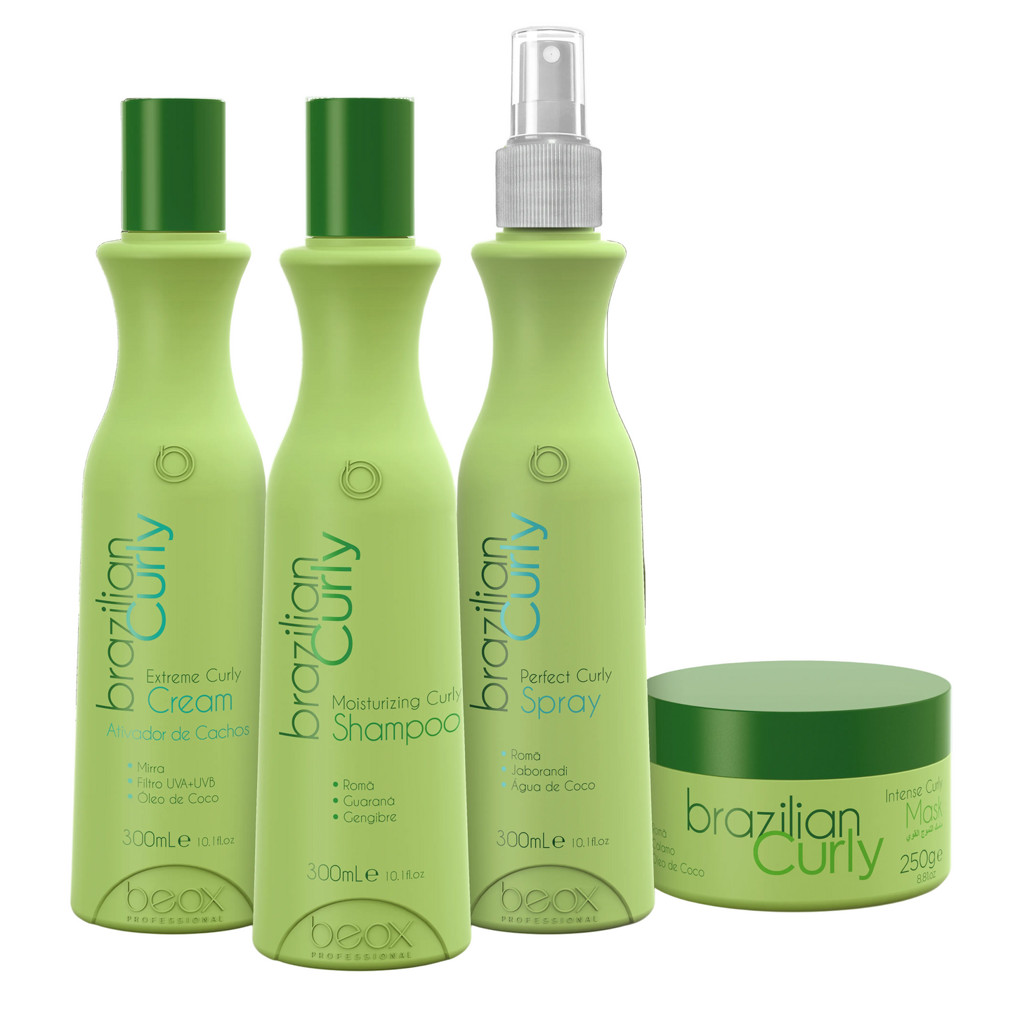 Brazilian Curly Shampoo, Finisher, Mask by Beox professional for Hydration, highlighted packaging
