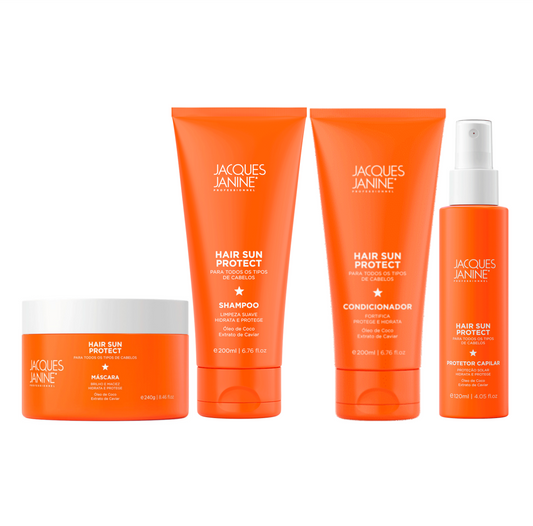 Hair Sun Protect Kit by Jacques Janine professional Shampoo, Conditioner, Mask, Hair Spray for Nutrition, Hydration, highlighted packaging