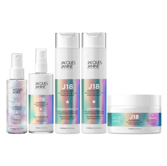 J18 Molecular Regeneration Kit by Jacques Janine professional Shampoo, Conditioner, Mask, Leave-in and Finisher for Recovery, Reconstruction and Final Treatment highlighted packaging