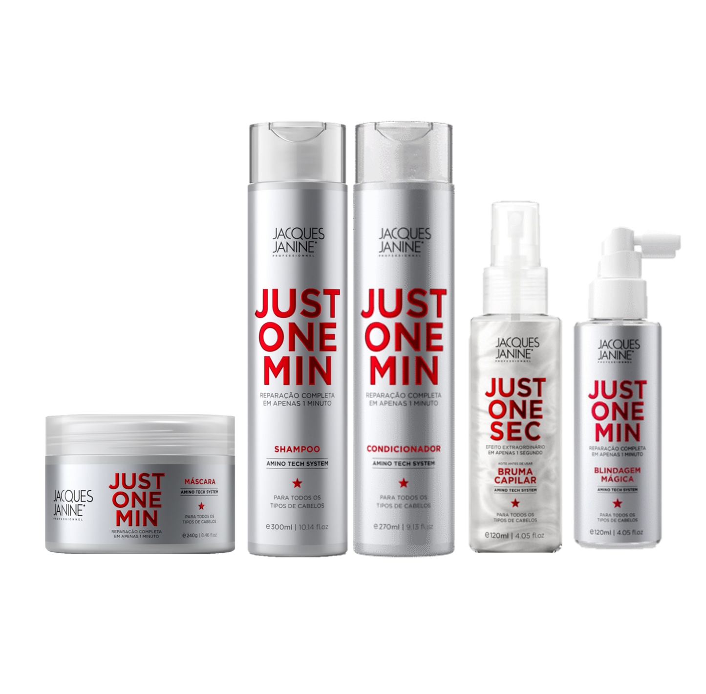 Just One Minute Kit by Jacques Janine professional Shampoo, Conditioner, Mask, Leave-in and Finisher for Recovery, Reconstruction, Final Treatment highlighted packaging
