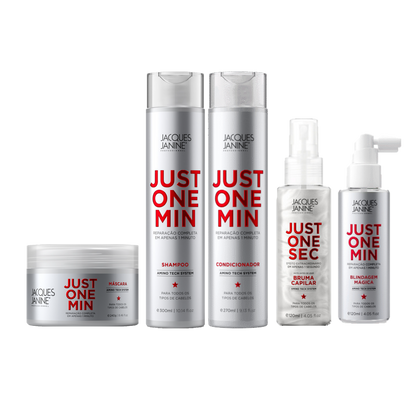 Just One Minute Kit by Jacques Janine professional Shampoo, Conditioner, Mask, Leave-in and Finisher for Recovery, Reconstruction, Final Treatment highlighted packaging
