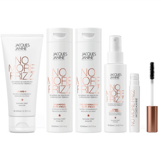 No More Frizz Line by Jacques Janine professional Shampoo, Conditioner, Leave-in, Spray Anti-Frizz, and Hair Gel for Hydration, highlighted packaging
