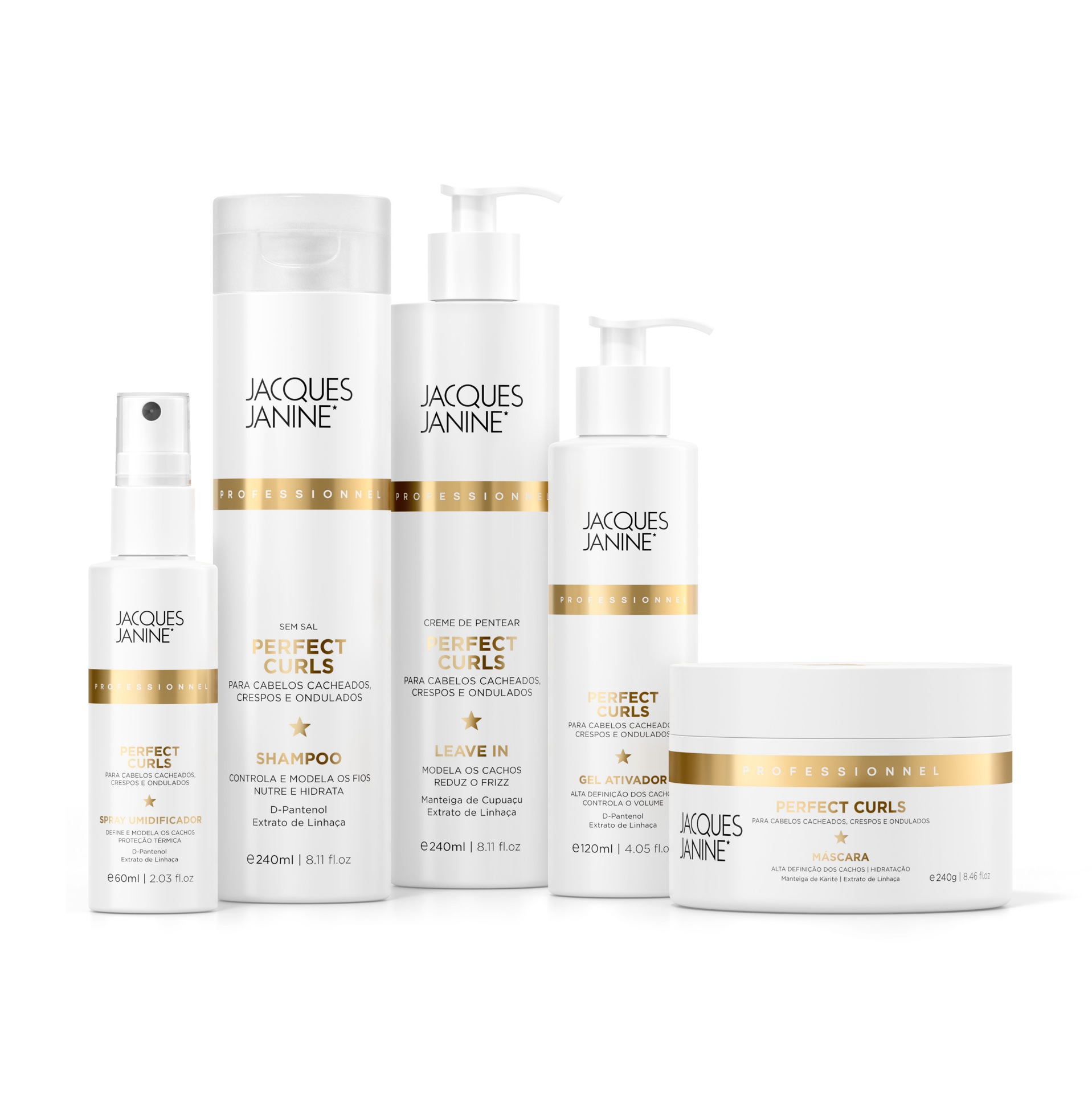 Perfect Curls Kit by Jacques Janine professional Shampoo, Mask, Leave-in, Finisher for Hydration, Heat Protection highlighted packaging