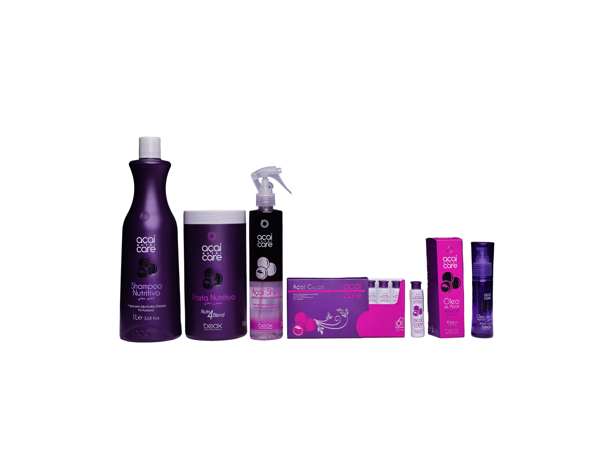 Lip Kit Açaí Nutri Care by Beox professional Shampoo, Mask, Oil, Leave-in, Finisher for Heat Protection, Nutrition, highlighted packaging