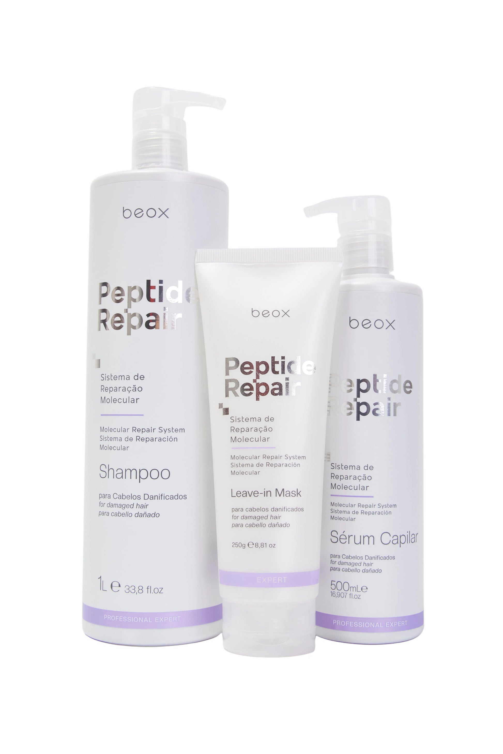 Peptide Repair Shampoo by Beox professional Shampoo, Serum, Leave-in for Reconstruction, Heat Protection highlighted packaging