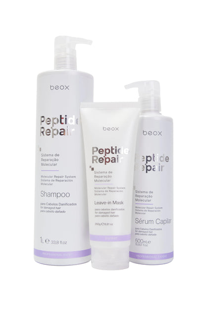 Peptide Repair Shampoo by Beox professional Shampoo, Serum, Leave-in for Reconstruction, Heat Protection highlighted packaging
