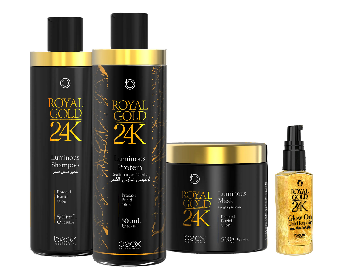 Royal Gold 24K Luminous Kit by Beox professional Hair Straightening Treatment, Shampoo, Mask and Finisher for Hair Straightening, Nutrition, Hydration, highlighted packaging