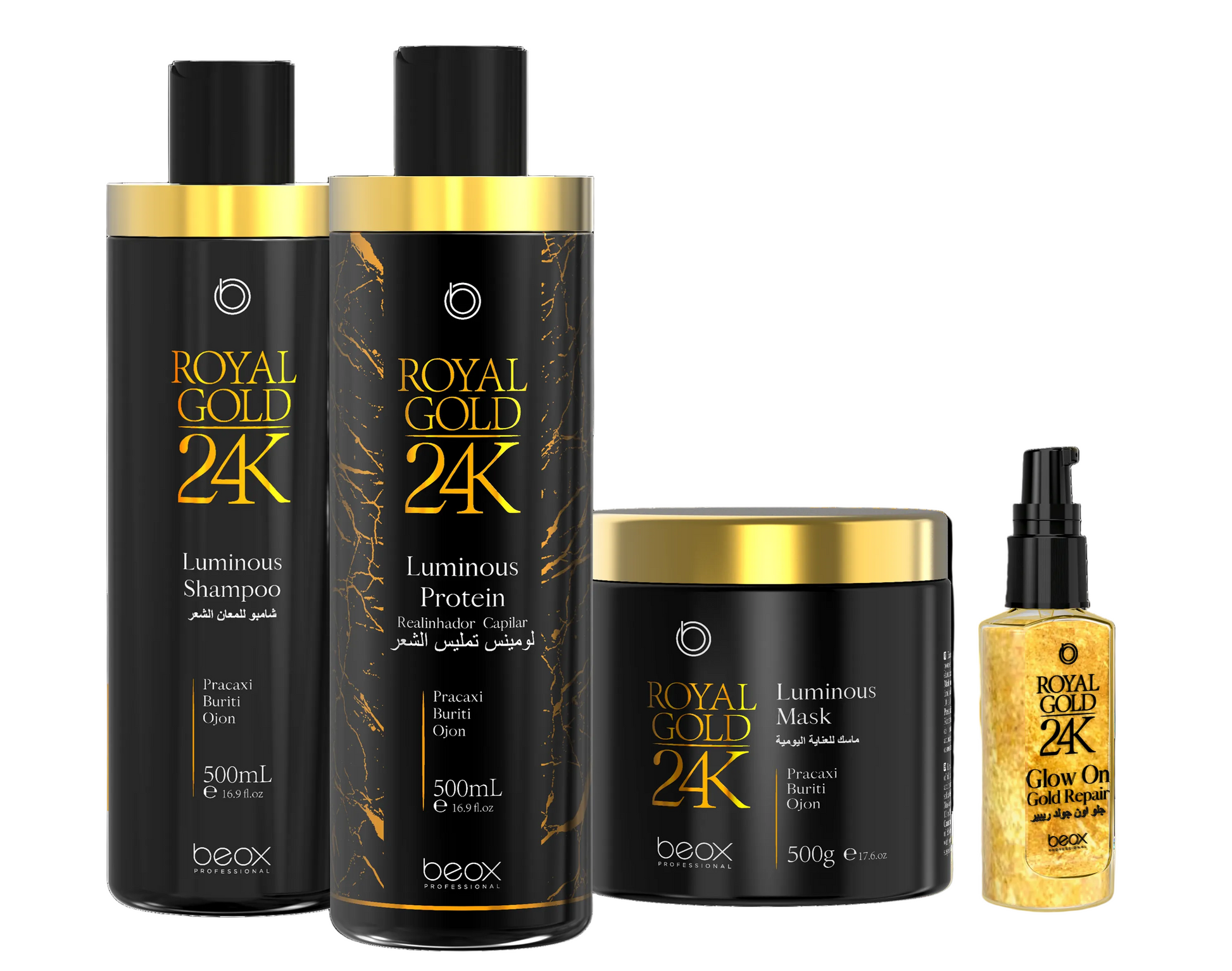 Royal Gold 24K Luminous Kit by Beox professional Hair Straightening Treatment, Shampoo, Mask and Finisher for Hair Straightening, Nutrition, Hydration, highlighted packaging