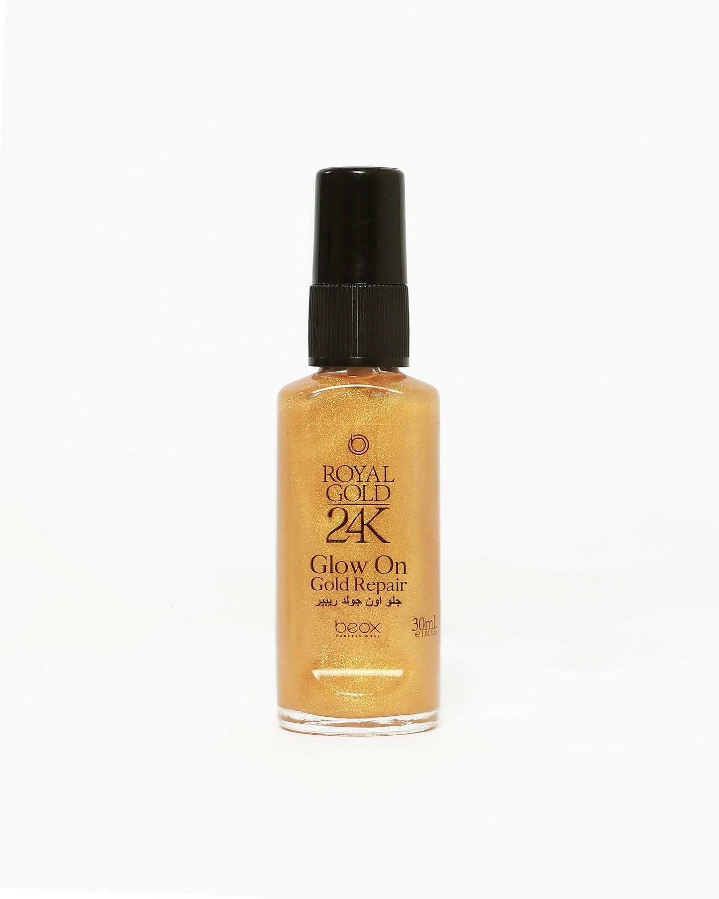 Royal Gold 24K Glow On by Beox professional Hair Oil, Finisher for Hair Treatment, highlighted packaging