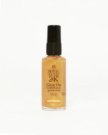 Royal Gold 24K Glow On by Beox professional Hair Oil, Finisher for Hair Treatment, highlighted packaging