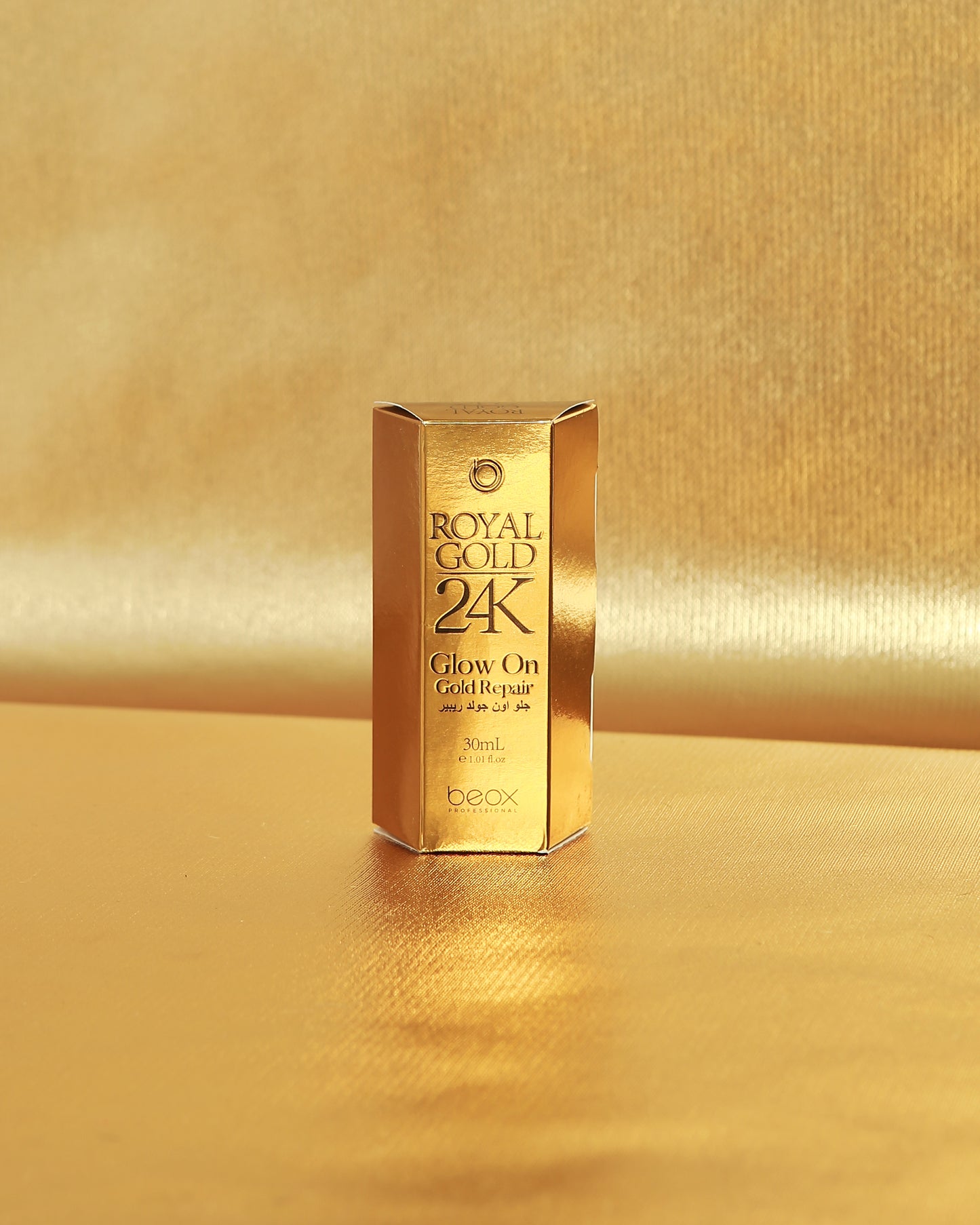 Royal Gold 24K Glow On by Beox professional Hair Oil, Finisher for Hair Treatment, highlighted packaging