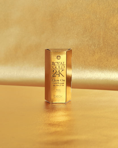 Royal Gold 24K Glow On by Beox professional Hair Oil, Finisher for Hair Treatment, highlighted packaging