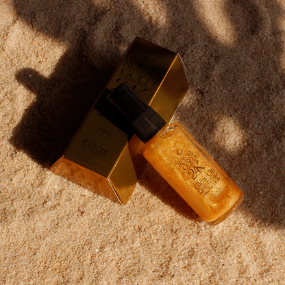 Royal Gold 24K Glow On by Beox professional Hair Oil, Finisher for Hair Treatment, highlighted packaging