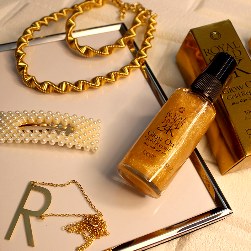 Royal Gold 24K Glow On by Beox professional Hair Oil, Finisher for Hair Treatment, highlighted packaging