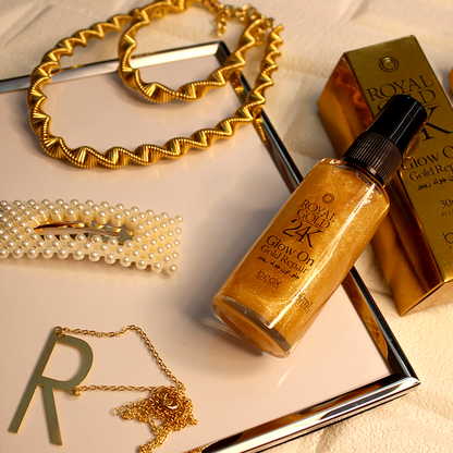 Royal Gold 24K Glow On by Beox professional Hair Oil, Finisher for Hair Treatment, highlighted packaging