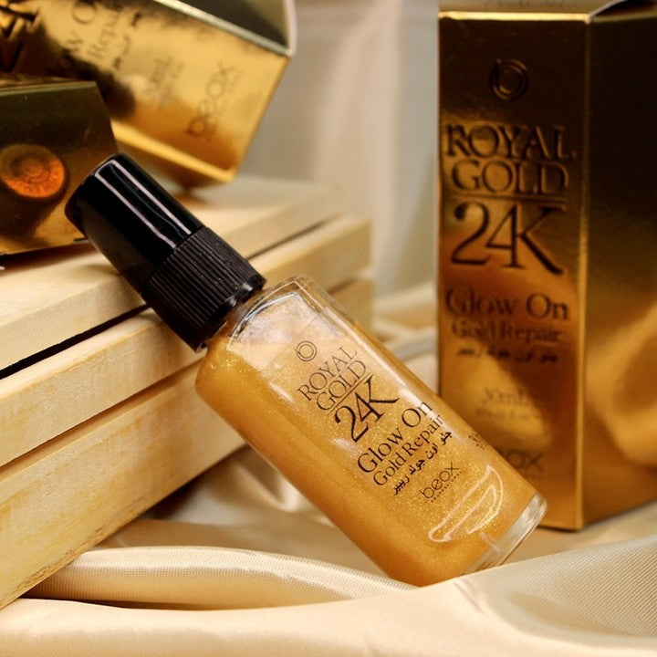 Royal Gold 24K Glow On by Beox professional Hair Oil, Finisher for Hair Treatment, highlighted packaging