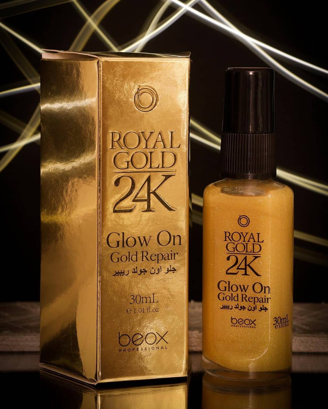 Royal Gold 24K Glow On by Beox professional Hair Oil, Finisher for Hair Treatment, highlighted packaging