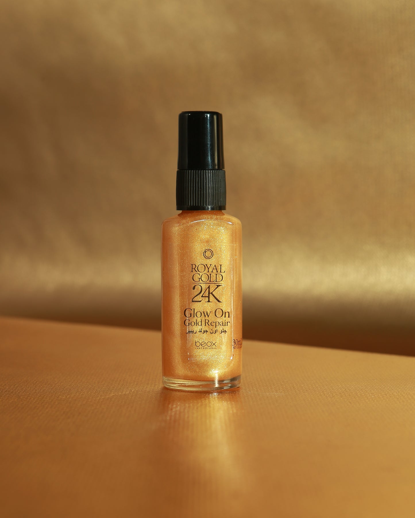 Royal Gold 24K Glow On by Beox professional Hair Oil, Finisher for Hair Treatment, highlighted packaging