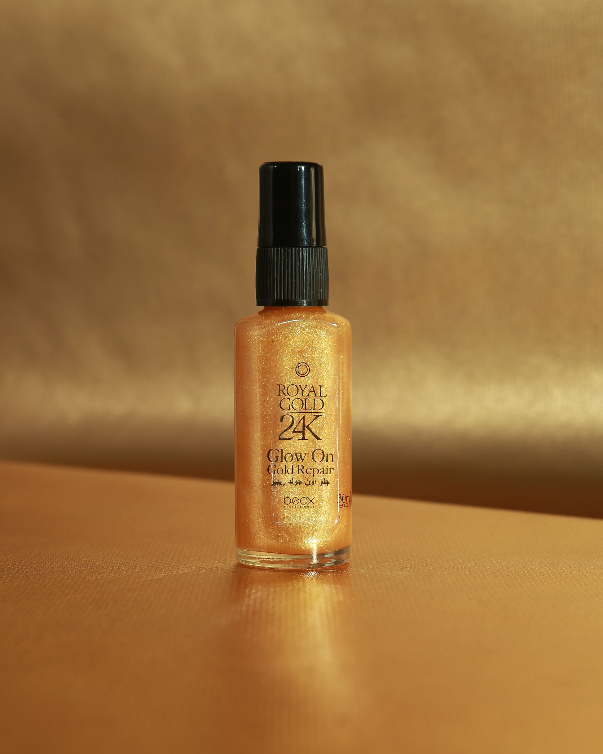 Royal Gold 24K Glow On by Beox professional Hair Oil, Finisher for Hair Treatment, highlighted packaging