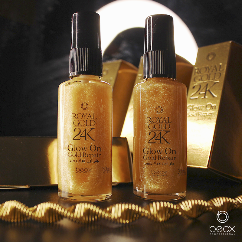 Royal Gold 24K Glow On by Beox professional Hair Oil, Finisher for Hair Treatment, highlighted packaging