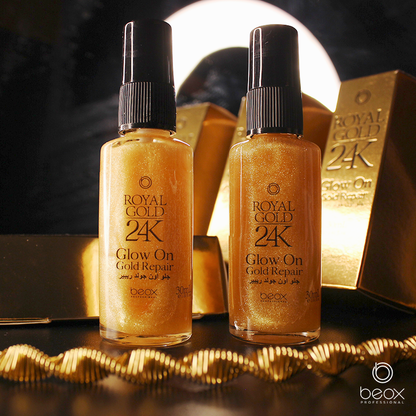 Royal Gold 24K Glow On by Beox professional Hair Oil, Finisher for Hair Treatment, highlighted packaging