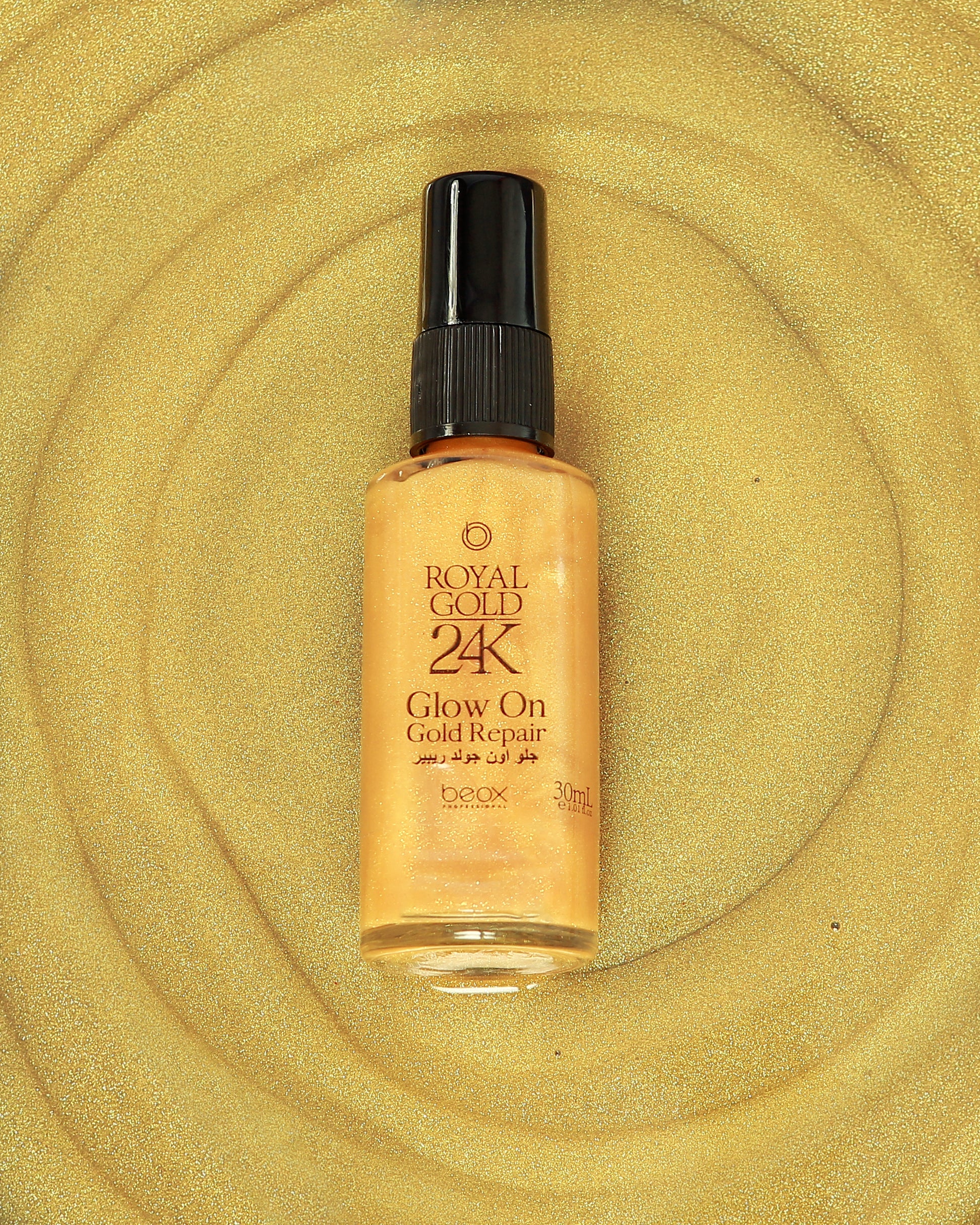Royal Gold 24K Glow On by Beox professional Hair Oil, Finisher for Hair Treatment, highlighted packaging