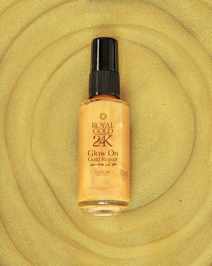Royal Gold 24K Glow On by Beox professional Hair Oil, Finisher for Hair Treatment, highlighted packaging