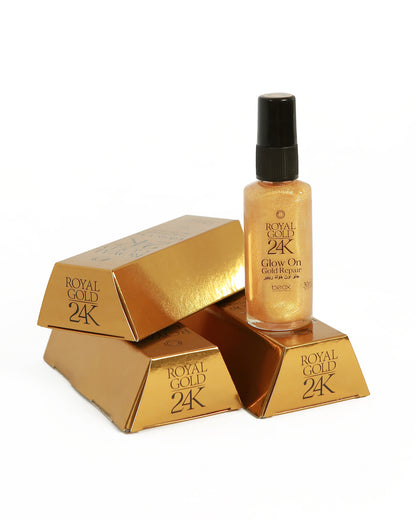 Royal Gold 24K Glow On by Beox professional Hair Oil, Finisher for Hair Treatment, highlighted packaging