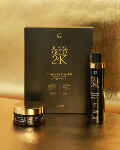 Royal Gold 24K Luminous Kit by Beox professional Shampoo, Hair Mask for Nutrition, Hydration, highlighted packaging