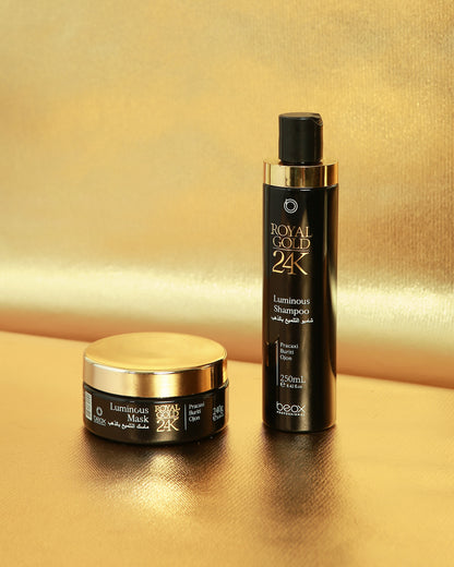 Royal Gold 24K Luminous Kit by Beox professional Shampoo, Hair Mask for Nutrition, Hydration, highlighted packaging