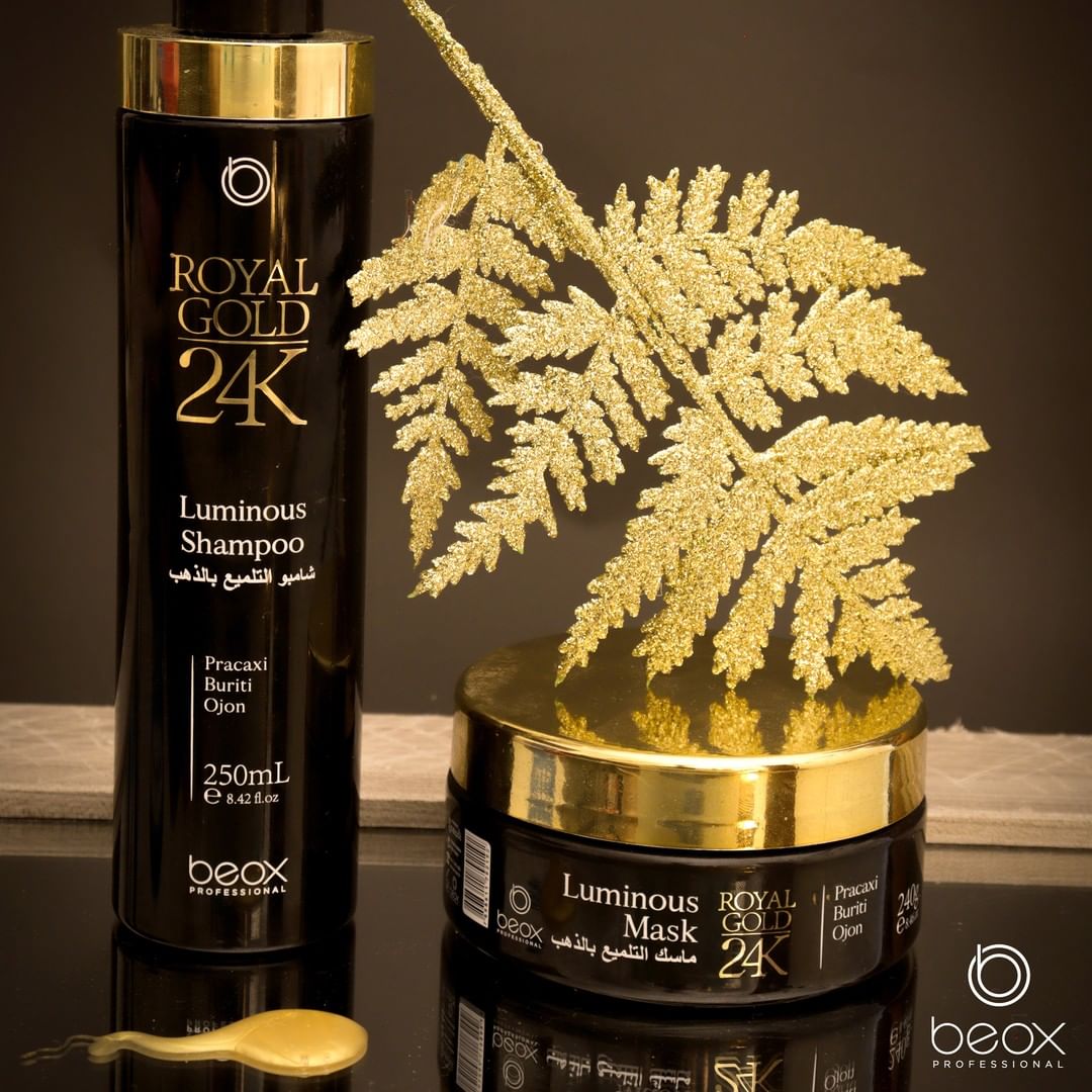 Royal Gold 24K Luminous Kit by Beox professional Shampoo, Hair Mask for Nutrition, Hydration, highlighted packaging