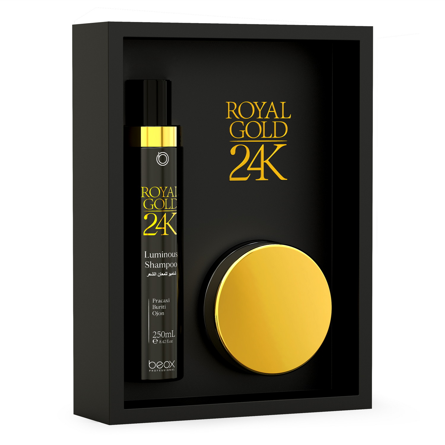 Royal Gold 24K Luminous Kit by Beox professional Shampoo, Hair Mask for Nutrition, Hydration, highlighted packaging