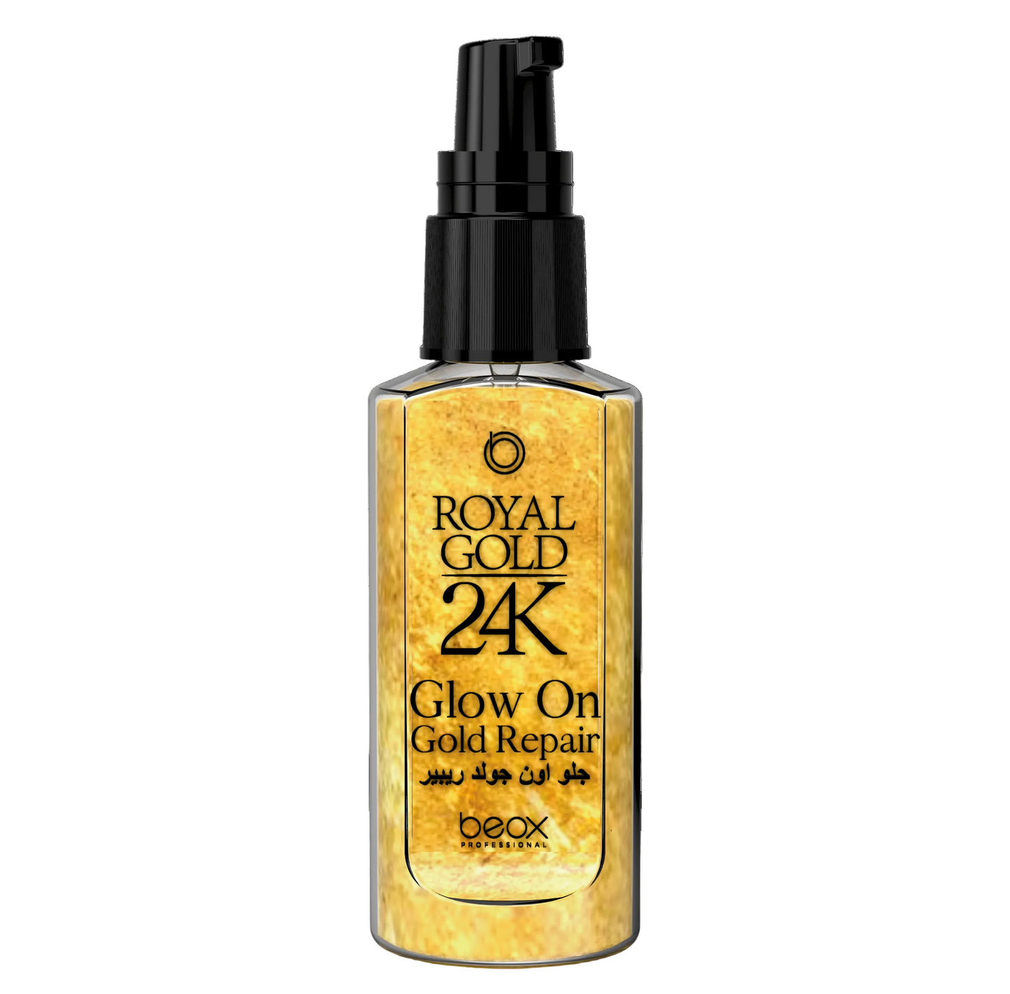Royal Gold 24K Glow On by Beox professional Hair Oil, Finisher for Hair Treatment, highlighted packaging