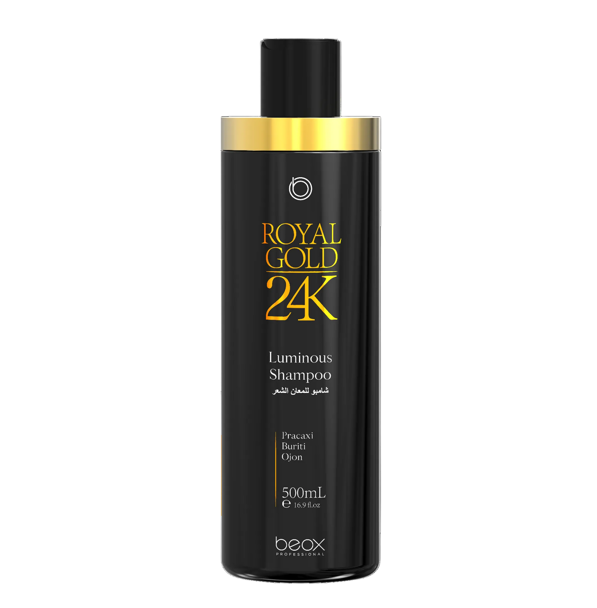 Royal Gold 24K Luminous Shampoo by Beox professional Shampoo for Nutrition, Hydration, highlighted packaging