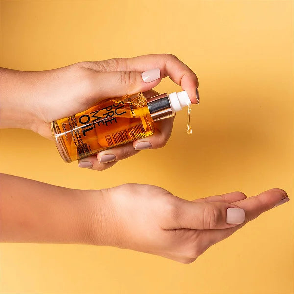 Supreme Oil by Fit Cosmetics professional Hair Oil, Finisher for Hair Treatment, highlighted packaging